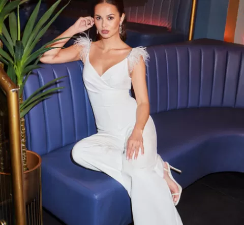 Adrianna Papell Crepe Wide Leg Jumpsuit With Bead And Feather Accents In IVORY Hot