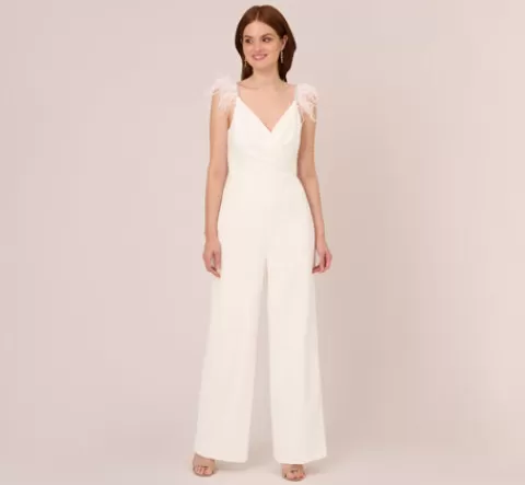 Adrianna Papell Crepe Wide Leg Jumpsuit With Bead And Feather Accents In IVORY Hot