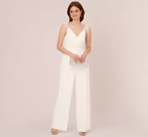 Adrianna Papell Crepe Wide Leg Jumpsuit With Bead And Feather Accents In IVORY Hot