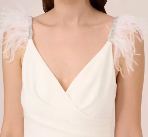 Adrianna Papell Crepe Wide Leg Jumpsuit With Bead And Feather Accents In IVORY Hot