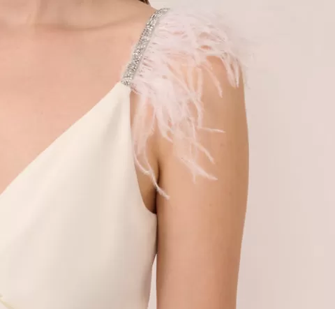 Adrianna Papell Crepe Wide Leg Jumpsuit With Bead And Feather Accents In IVORY Hot