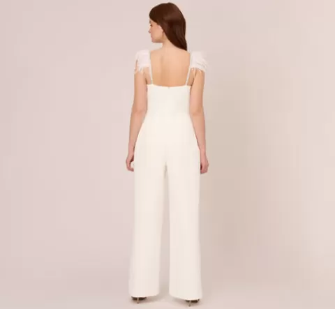 Adrianna Papell Crepe Wide Leg Jumpsuit With Bead And Feather Accents In IVORY Hot