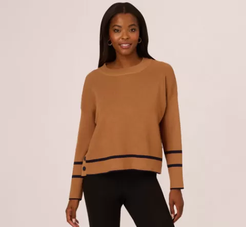 Adrianna Papell Crew Neck Pullover Sweater With Tipped Details In Camel Bluemoon CAMEL-BLUEMOON Hot