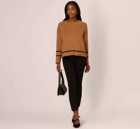 Adrianna Papell Crew Neck Pullover Sweater With Tipped Details In Camel Bluemoon CAMEL-BLUEMOON Hot