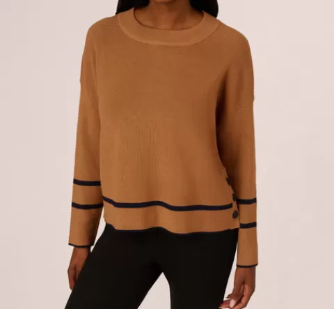 Adrianna Papell Crew Neck Pullover Sweater With Tipped Details In Camel Bluemoon CAMEL-BLUEMOON Hot