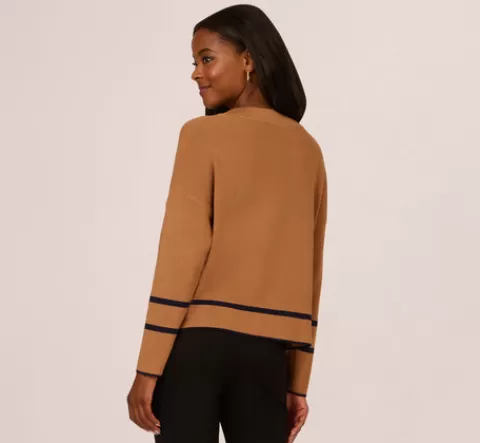 Adrianna Papell Crew Neck Pullover Sweater With Tipped Details In Camel Bluemoon CAMEL-BLUEMOON Hot