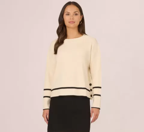Adrianna Papell Crew Neck Pullover Sweater With Tipped Details In Cream Black CREAM-BLACK Flash Sale