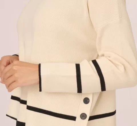 Adrianna Papell Crew Neck Pullover Sweater With Tipped Details In Cream Black CREAM-BLACK Flash Sale