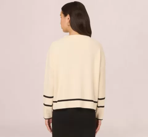 Adrianna Papell Crew Neck Pullover Sweater With Tipped Details In Cream Black CREAM-BLACK Flash Sale