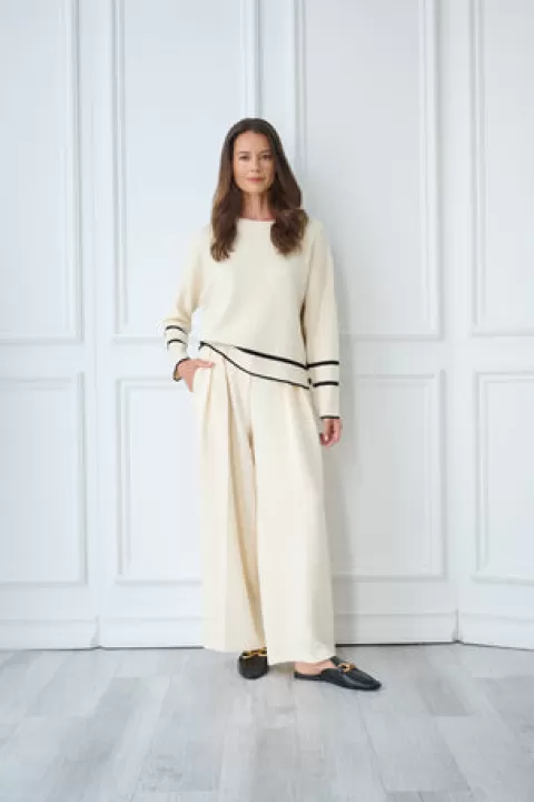 Adrianna Papell Crew Neck Pullover Sweater With Tipped Details In Cream Black CREAM-BLACK Flash Sale
