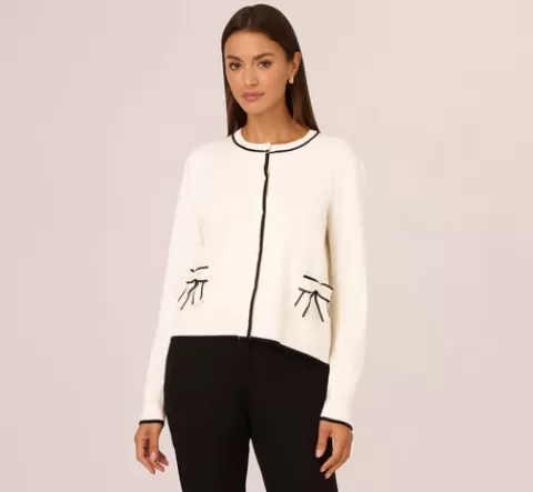 Adrianna Papell Crew Neck Tipped Bow Pocket Cardigan Sweater In Ivory Black IVORY-BLACK Cheap