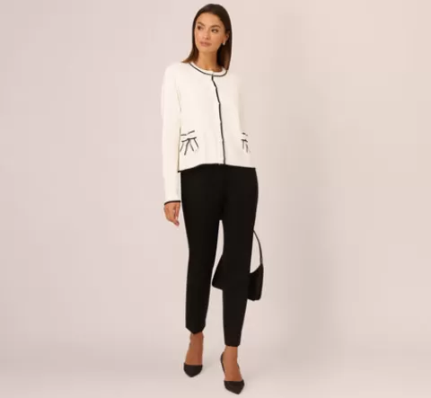 Adrianna Papell Crew Neck Tipped Bow Pocket Cardigan Sweater In Ivory Black IVORY-BLACK Cheap