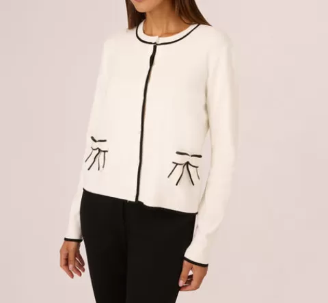 Adrianna Papell Crew Neck Tipped Bow Pocket Cardigan Sweater In Ivory Black IVORY-BLACK Cheap