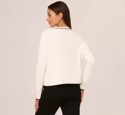 Adrianna Papell Crew Neck Tipped Bow Pocket Cardigan Sweater In Ivory Black IVORY-BLACK Cheap
