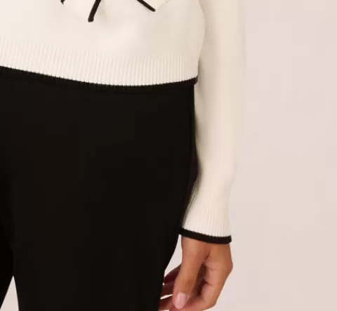Adrianna Papell Crew Neck Tipped Bow Pocket Cardigan Sweater In Ivory Black IVORY-BLACK Cheap