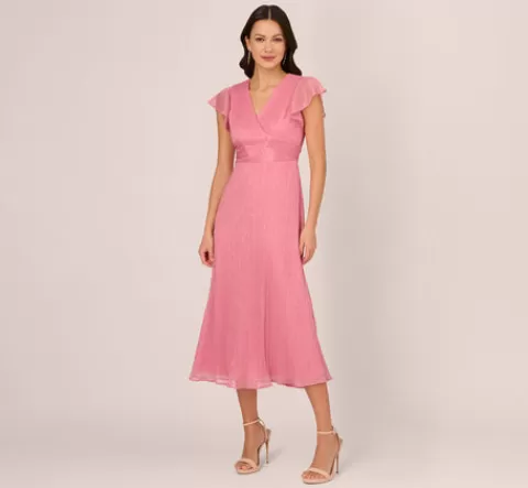 Adrianna Papell Crinkle Mesh Midi Dress With Flutter Sleeves In Faded Rose FADEDROSE Best