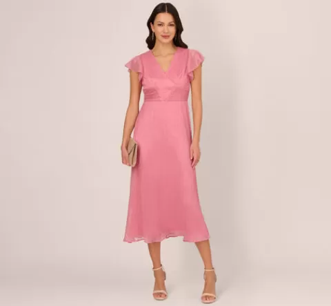Adrianna Papell Crinkle Mesh Midi Dress With Flutter Sleeves In Faded Rose FADEDROSE Best
