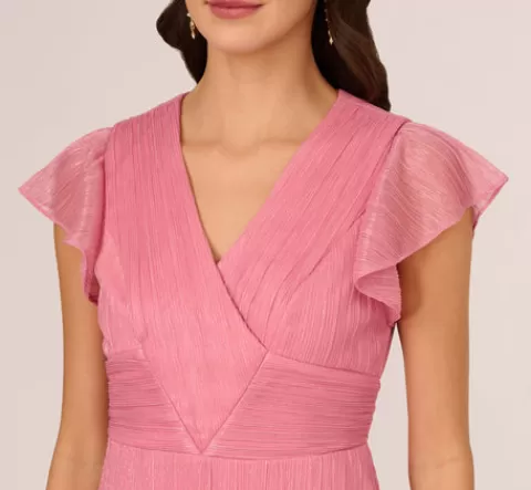Adrianna Papell Crinkle Mesh Midi Dress With Flutter Sleeves In Faded Rose FADEDROSE Best
