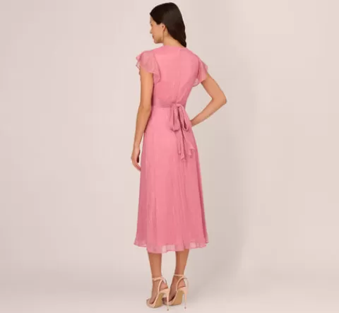 Adrianna Papell Crinkle Mesh Midi Dress With Flutter Sleeves In Faded Rose FADEDROSE Best