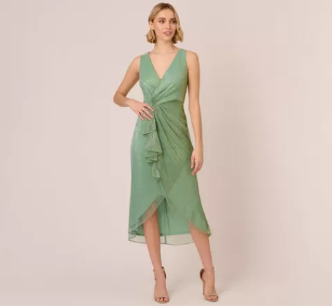 Adrianna Papell Crinkle Metallic Faux Wrap Dress With Draped Detail In Green Slate GREENSLATE Best