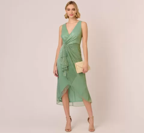 Adrianna Papell Crinkle Metallic Faux Wrap Dress With Draped Detail In Green Slate GREENSLATE Best