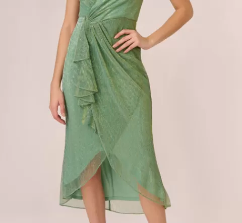 Adrianna Papell Crinkle Metallic Faux Wrap Dress With Draped Detail In Green Slate GREENSLATE Best