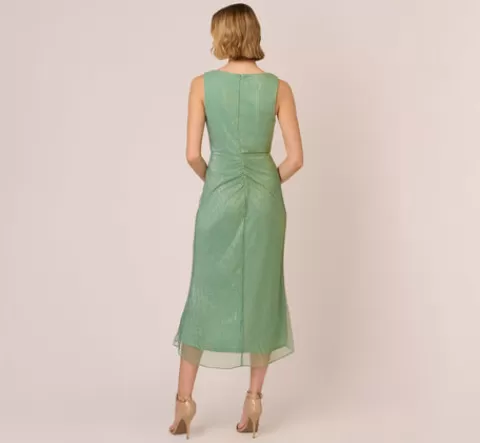 Adrianna Papell Crinkle Metallic Faux Wrap Dress With Draped Detail In Green Slate GREENSLATE Best