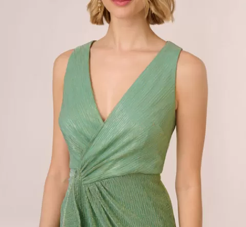 Adrianna Papell Crinkle Metallic Faux Wrap Dress With Draped Detail In Green Slate GREENSLATE Best