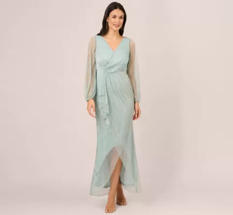 Adrianna Papell Crinkle Metallic Gown With Sheer Bishop Sleeves And Draped Details In Mint Smoke MINTSMOKE Fashion
