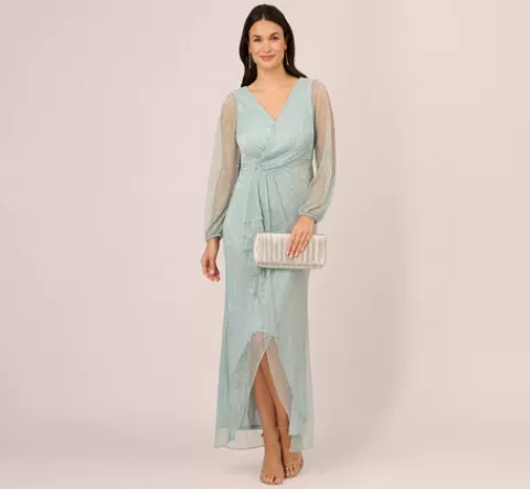 Adrianna Papell Crinkle Metallic Gown With Sheer Bishop Sleeves And Draped Details In Mint Smoke MINTSMOKE Fashion