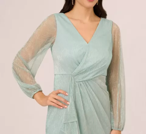 Adrianna Papell Crinkle Metallic Gown With Sheer Bishop Sleeves And Draped Details In Mint Smoke MINTSMOKE Fashion