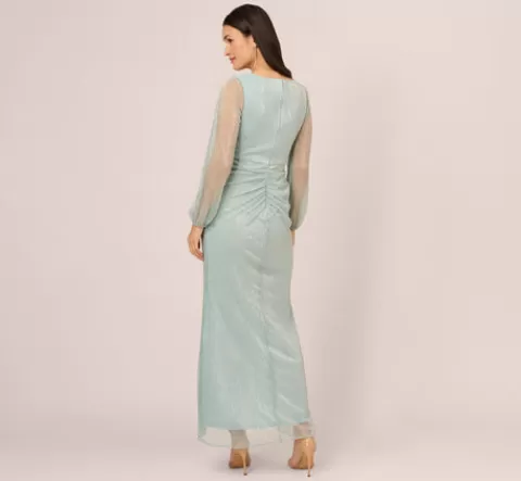 Adrianna Papell Crinkle Metallic Gown With Sheer Bishop Sleeves And Draped Details In Mint Smoke MINTSMOKE Fashion