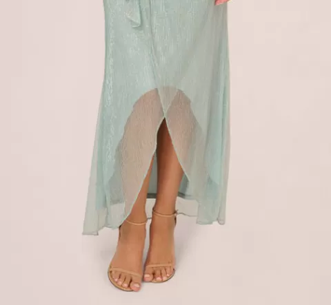 Adrianna Papell Crinkle Metallic Gown With Sheer Bishop Sleeves And Draped Details In Mint Smoke MINTSMOKE Fashion