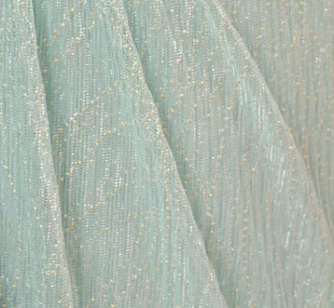 Adrianna Papell Crinkle Metallic Gown With Sheer Bishop Sleeves And Draped Details In Mint Smoke MINTSMOKE Fashion