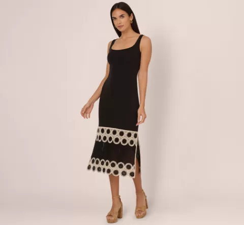 Adrianna Papell Crochet Trimmed Sheath Midi Dress With Tank Straps In Black Ecru BLACK-ECRU Shop