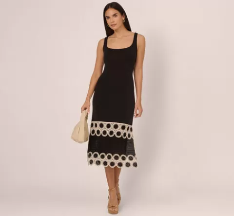 Adrianna Papell Crochet Trimmed Sheath Midi Dress With Tank Straps In Black Ecru BLACK-ECRU Shop