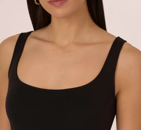 Adrianna Papell Crochet Trimmed Sheath Midi Dress With Tank Straps In Black Ecru BLACK-ECRU Shop