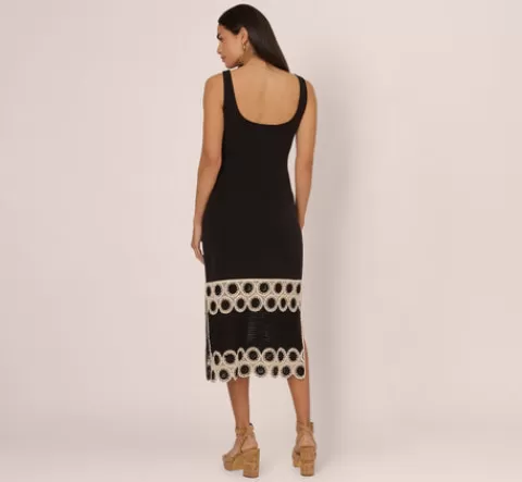 Adrianna Papell Crochet Trimmed Sheath Midi Dress With Tank Straps In Black Ecru BLACK-ECRU Shop
