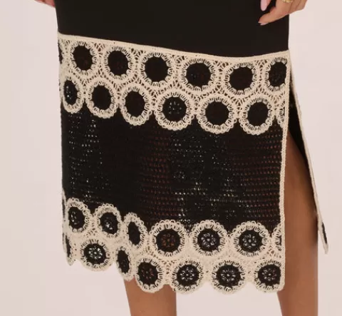 Adrianna Papell Crochet Trimmed Sheath Midi Dress With Tank Straps In Black Ecru BLACK-ECRU Shop