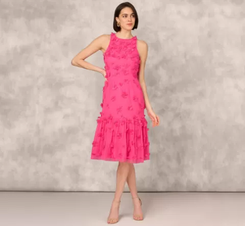 Adrianna Papell 3D Floral And Bead Embellished Midi Dress With Flounce Skirt In Electric Pink ELECTRICPINK Sale