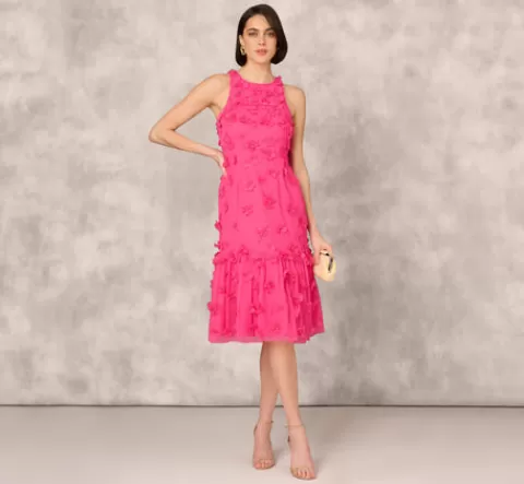 Adrianna Papell 3D Floral And Bead Embellished Midi Dress With Flounce Skirt In Electric Pink ELECTRICPINK Sale