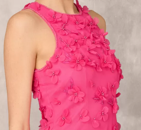 Adrianna Papell 3D Floral And Bead Embellished Midi Dress With Flounce Skirt In Electric Pink ELECTRICPINK Sale