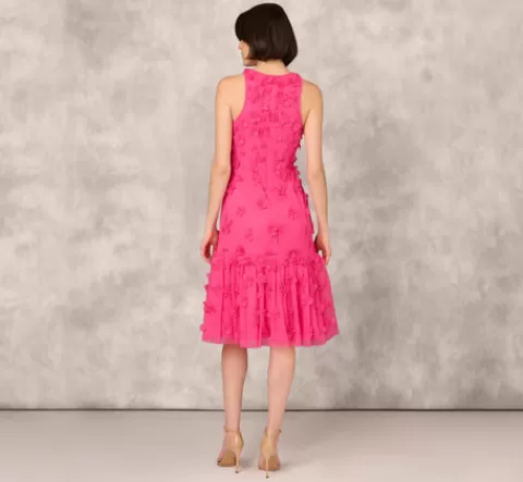 Adrianna Papell 3D Floral And Bead Embellished Midi Dress With Flounce Skirt In Electric Pink ELECTRICPINK Sale