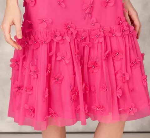 Adrianna Papell 3D Floral And Bead Embellished Midi Dress With Flounce Skirt In Electric Pink ELECTRICPINK Sale