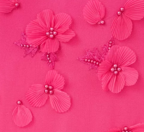 Adrianna Papell 3D Floral And Bead Embellished Midi Dress With Flounce Skirt In Electric Pink ELECTRICPINK Sale