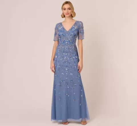 Adrianna Papell 3D Floral Beaded Mermaid Gown With Sheer Short Sleeves In French Blue FRENCHBLUE Clearance