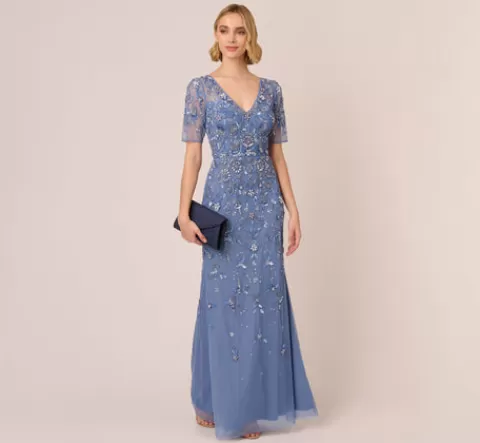 Adrianna Papell 3D Floral Beaded Mermaid Gown With Sheer Short Sleeves In French Blue FRENCHBLUE Clearance