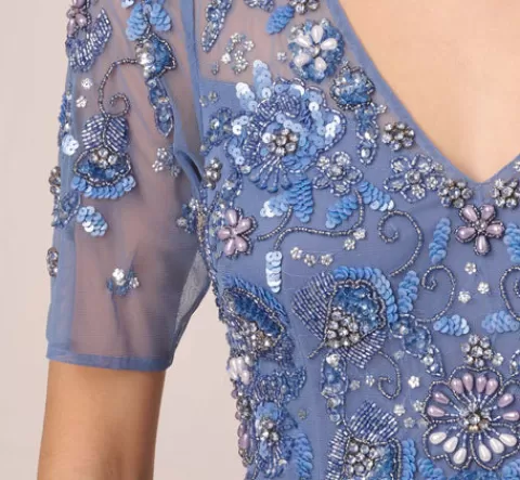 Adrianna Papell 3D Floral Beaded Mermaid Gown With Sheer Short Sleeves In French Blue FRENCHBLUE Clearance