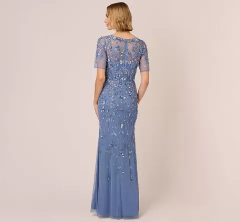 Adrianna Papell 3D Floral Beaded Mermaid Gown With Sheer Short Sleeves In French Blue FRENCHBLUE Clearance