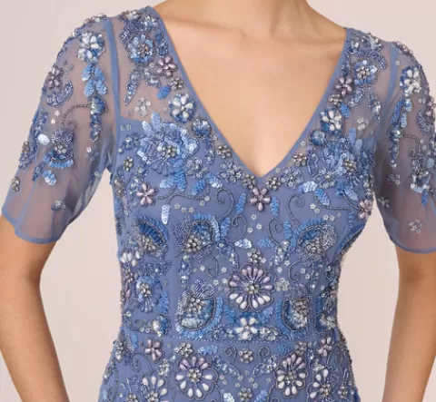 Adrianna Papell 3D Floral Beaded Mermaid Gown With Sheer Short Sleeves In French Blue FRENCHBLUE Clearance